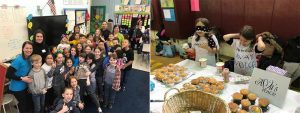 Class of students group photo and student bake sale simulating visual impairment